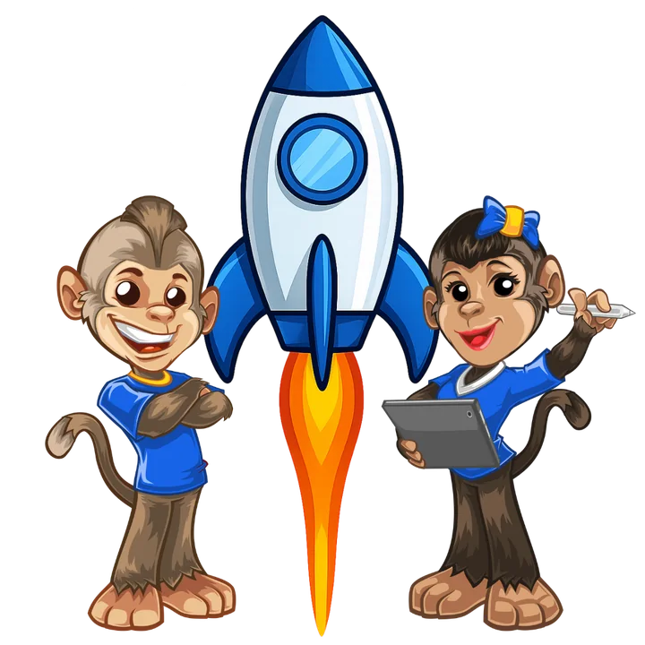 Eli and Roxy with a rocket and two arrows pointing up