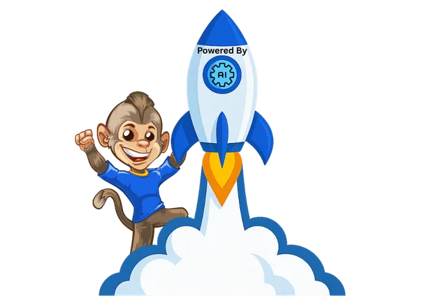 Eli climbing a rocket that says Powered by AI