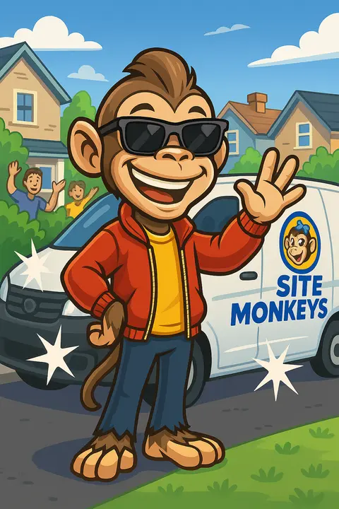 Eli waving in front of a Site Monkeys van