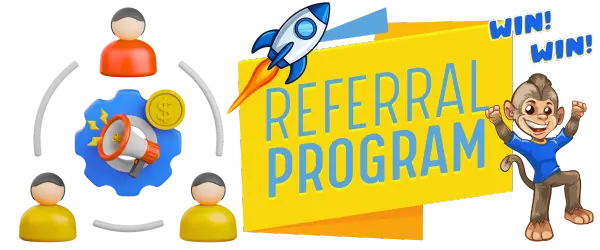 Referral Program: people connected around a megaphone, with Roxy cheering