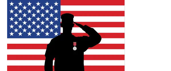 A silhouette of a saluting soldier in front of the American flag