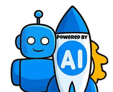 A robot beside a rocket that says Powered by AI